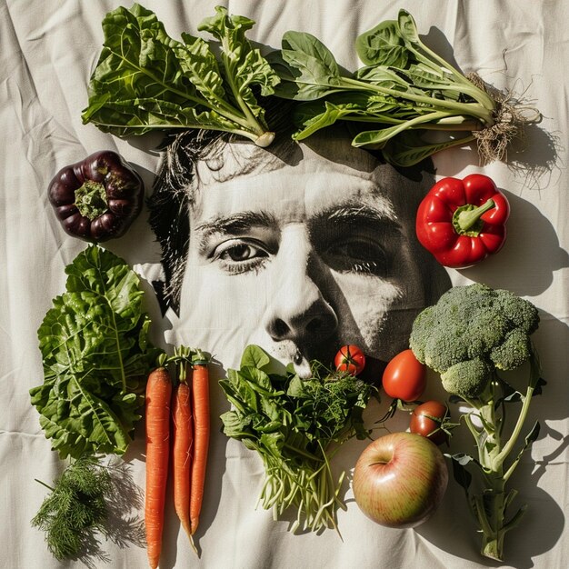 Photo a picture of a mans face and vegetables on a table