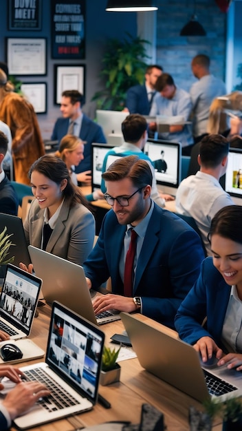 Picture of many business people working on laptop computer people watching video or pictures about