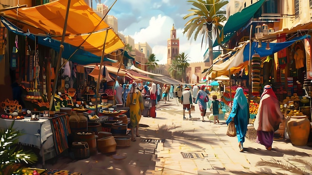 a picture of a market with a lot of umbrellas and people walking in the background