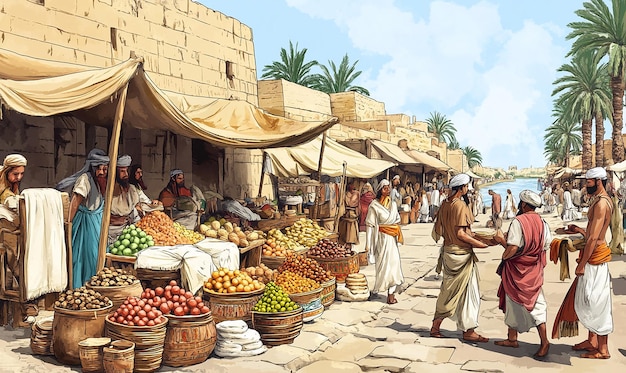 a picture of a market with a man selling fruit and vegetables