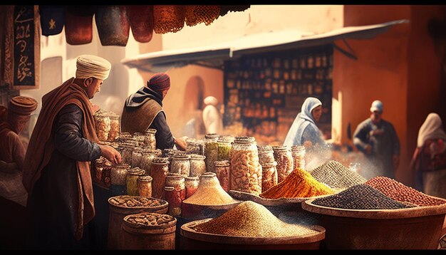 Photo a picture of a market with a woman selling spices and other goods