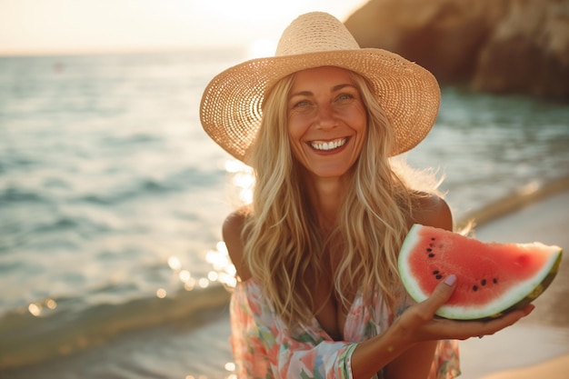 Picture of mature attractive woman with watermelon on the beach