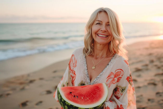 Picture of mature attractive woman with watermelon on the beach