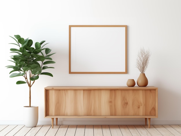 Picture mockup on the wall in living room with a wooden sideboard and green plants Frame for posters