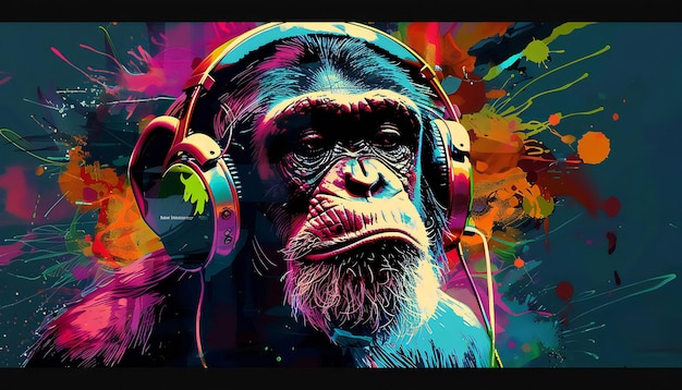 a picture of a monkey with headphones on and a picture of a monkey with a microphone