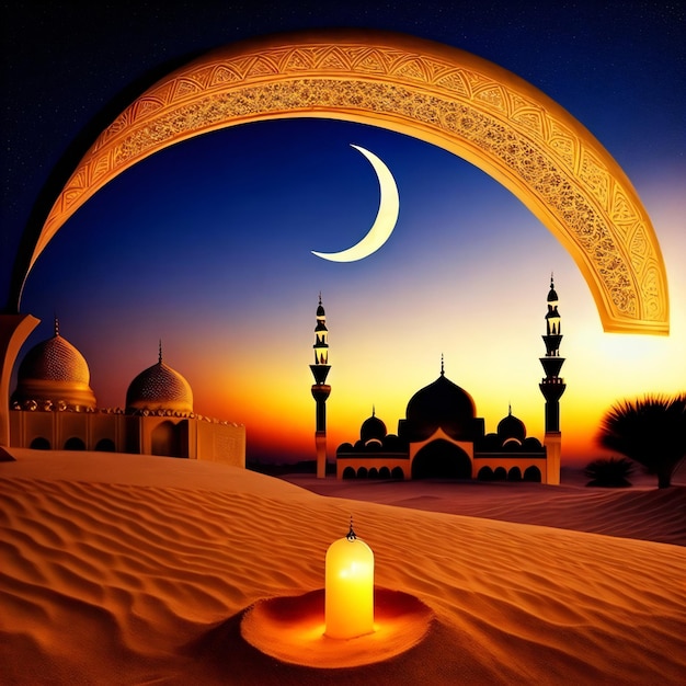 A picture of a moon and a candle in the desert