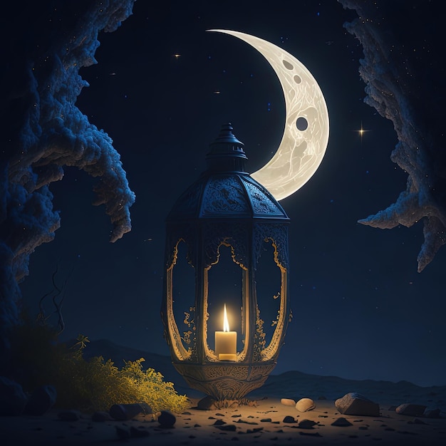 A picture of a moon and a lantern with the moon in the background.