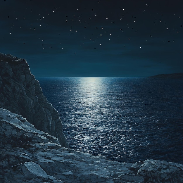 A picture of a moon and the ocean at night