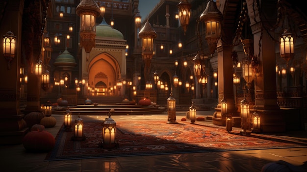 a picture of a mosque adorned with lanterns AI Generative