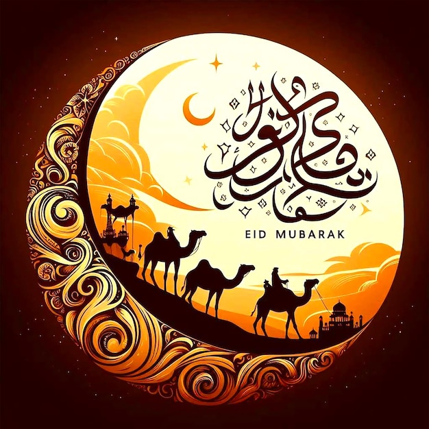 a picture of a mosque and camels with the words arabic on the top its a eid al adha post image