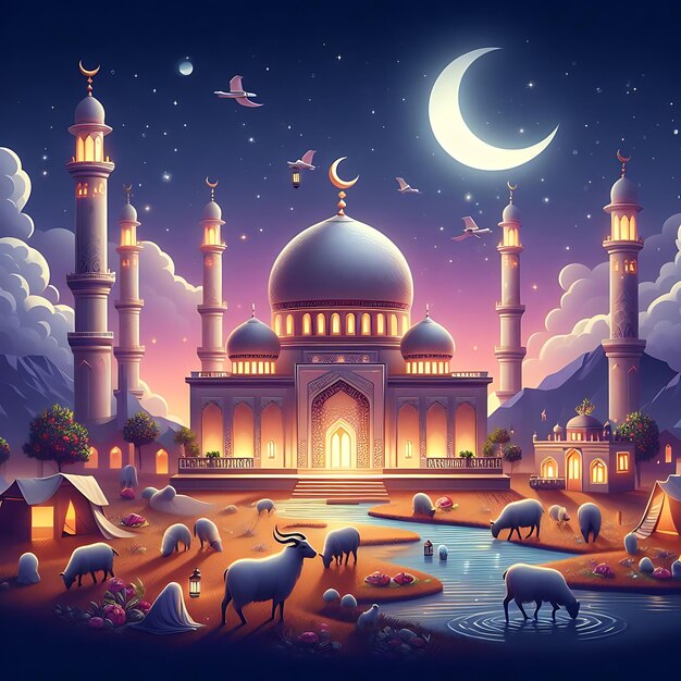 a picture of a mosque with animals and a moon in the background