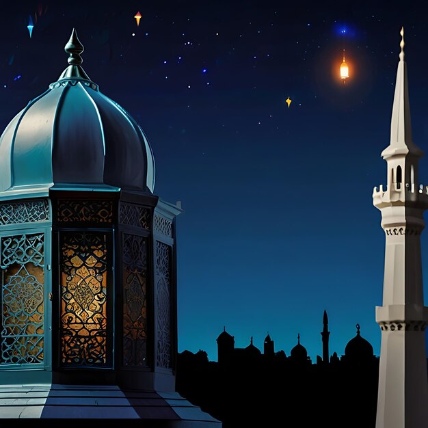 a picture of a mosque with a blue background with a blue sky and a tower with a mosque in the background