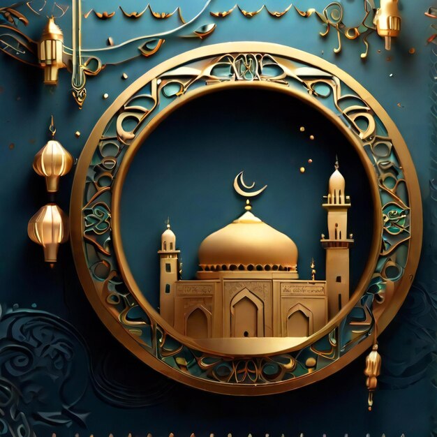 Photo a picture of a mosque with a blue background with a gold circle and a blue background