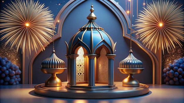 a picture of a mosque with a blue background with a gold design