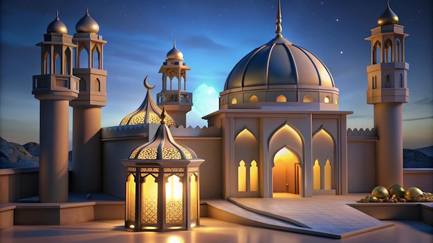 a picture of a mosque with a blue sky and a building with a moon in the background