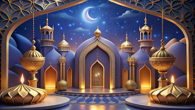 a picture of a mosque with a blue sky and a moon in the background