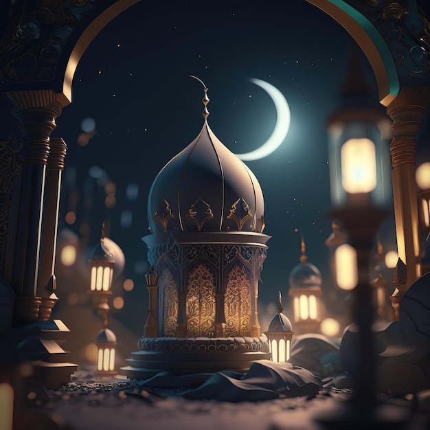 A picture of a mosque with a crescent moon in the background.