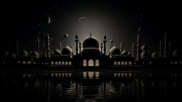 a picture of a mosque with a dark background with the moon and the moon