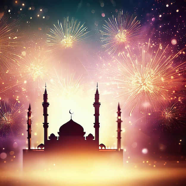 A picture of a mosque with fireworks in the background.