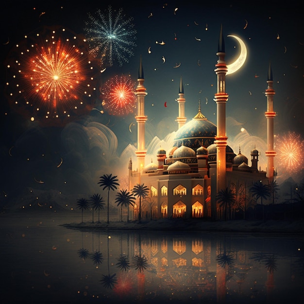 A picture of a mosque with fireworks in the sky