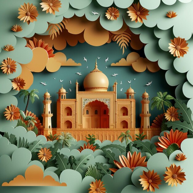 a picture of a mosque with flowers and a blue background