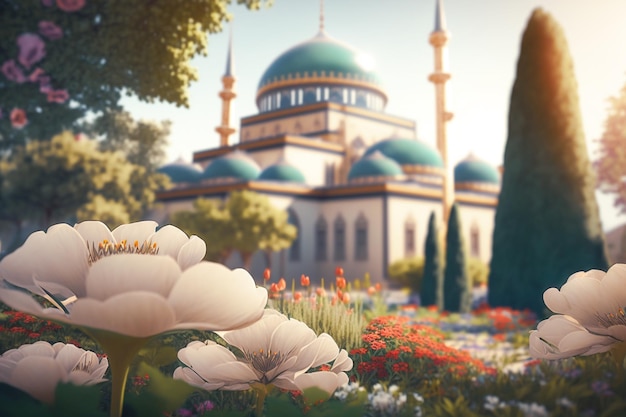 A picture of a mosque with flowers in the foreground and a blue dome with a green roof.