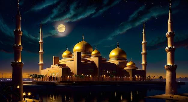 A picture of a mosque with a full moon in the background