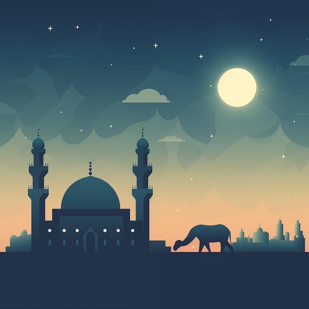 a picture of a mosque with a horse and the moon in the background