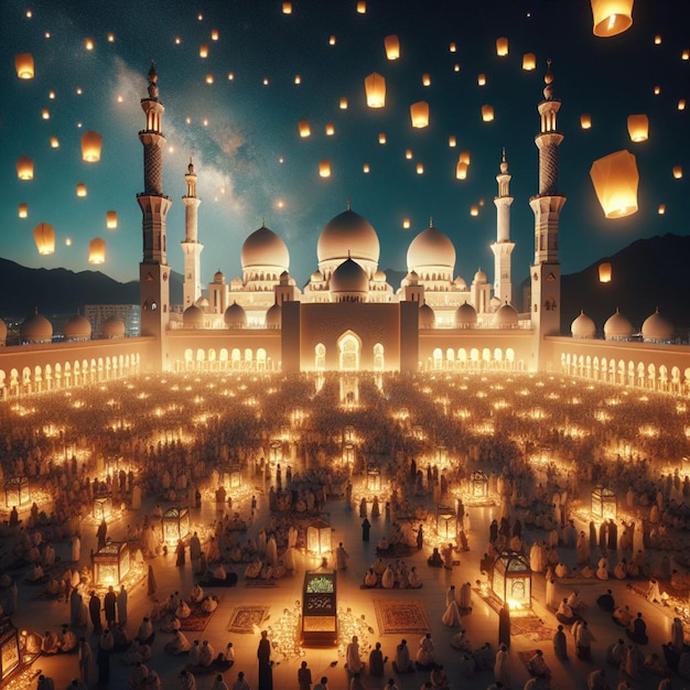 a picture of a mosque with lanterns and people in the background