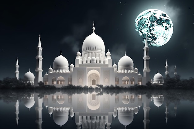 A picture of a mosque with a moon in the background Ramadan Eid Ul Fitr Generative ai