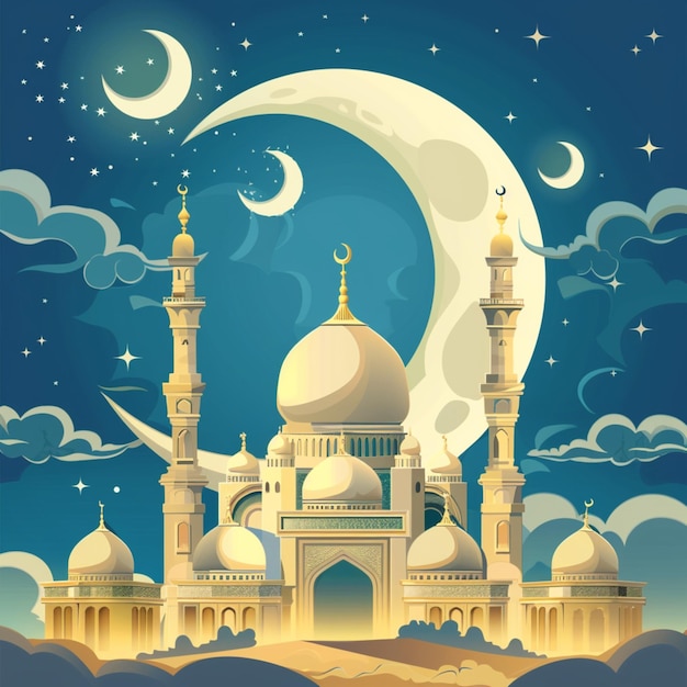 a picture of a mosque with a moon and clouds in the background