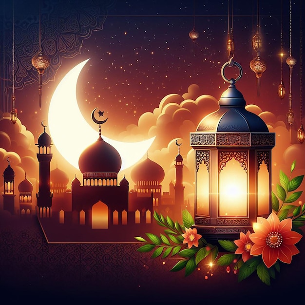 a picture of a mosque with a moon and a mosque in the background