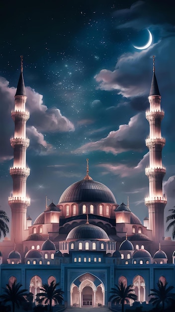 a picture of a mosque with the moon in the sky