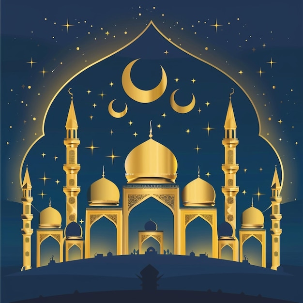 a picture of a mosque with a moon and stars in the background