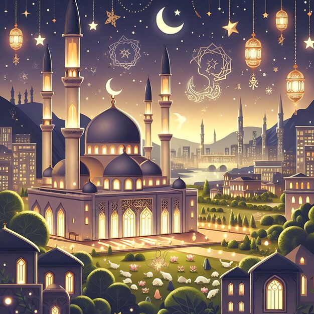 a picture of a mosque with a night sky and a city in the background