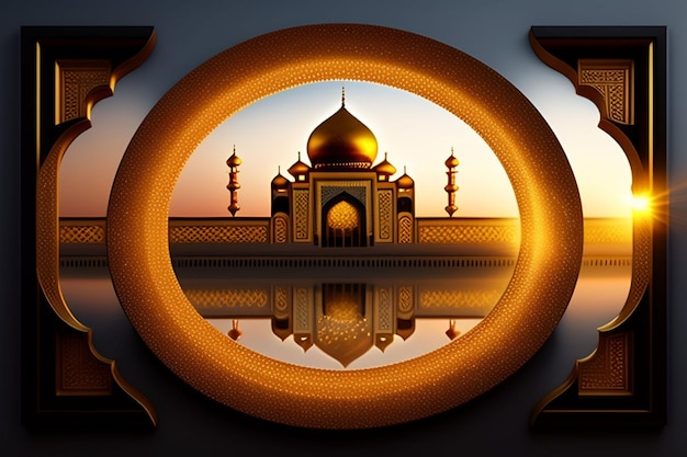 A picture of a mosque with a reflection of the sun in it.