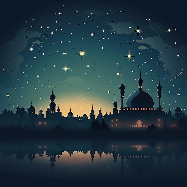 A picture of a mosque with a starry sky and a reflection of a mosque.