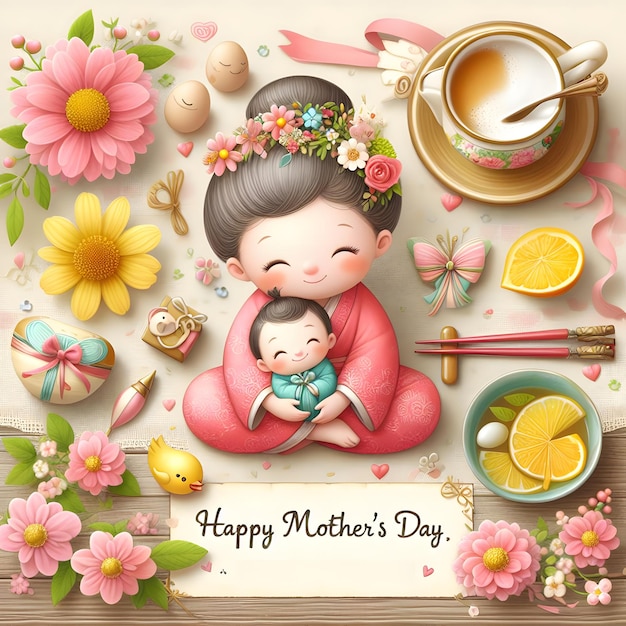 a picture of a mother and baby with a card that says happy mothers day