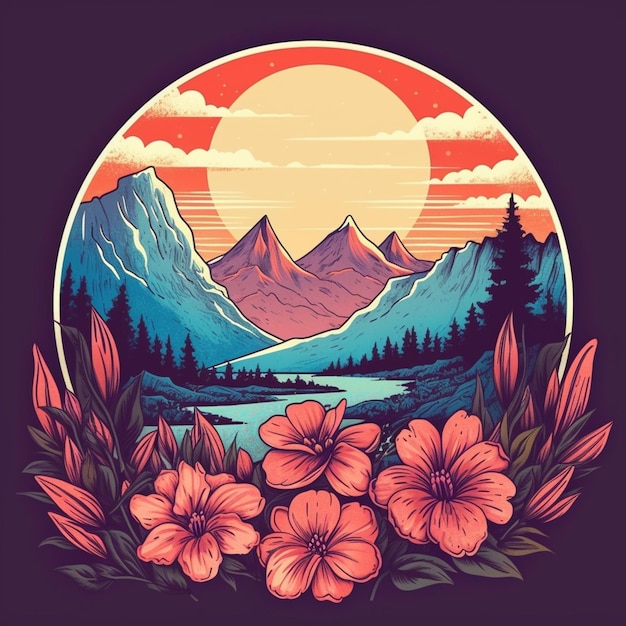 A picture of a mountain landscape with flowers and a lake generative ai