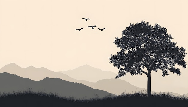 a picture of a mountain range with birds flying in the sky