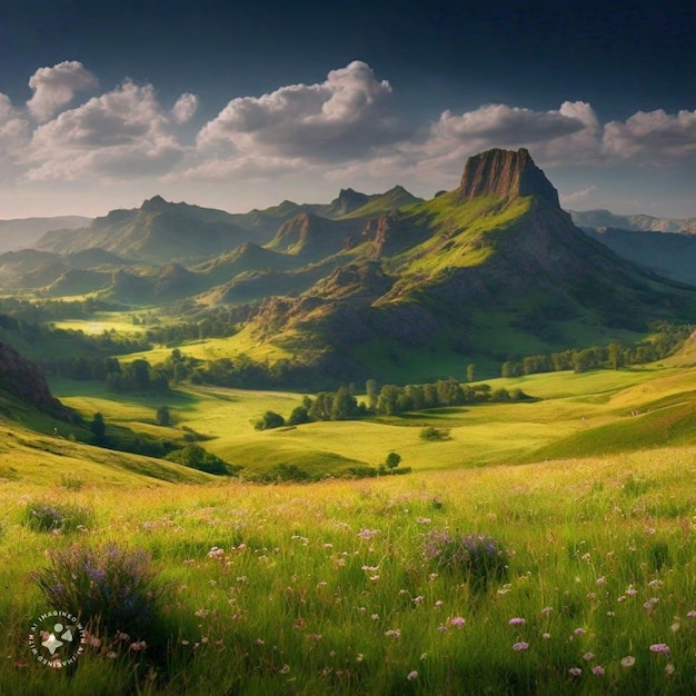 a picture of a mountain with flowers and a picture of a valley with a mountain in the background