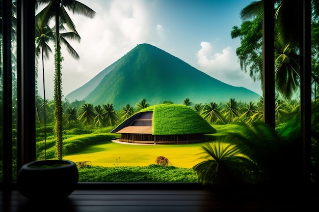 A picture of a mountain with a green house in the background