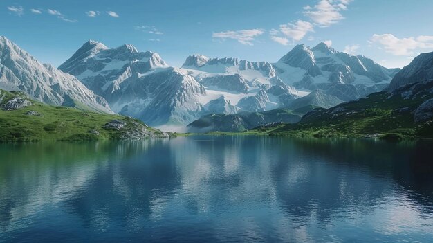 a picture of a mountain with a lake and mountains in the background