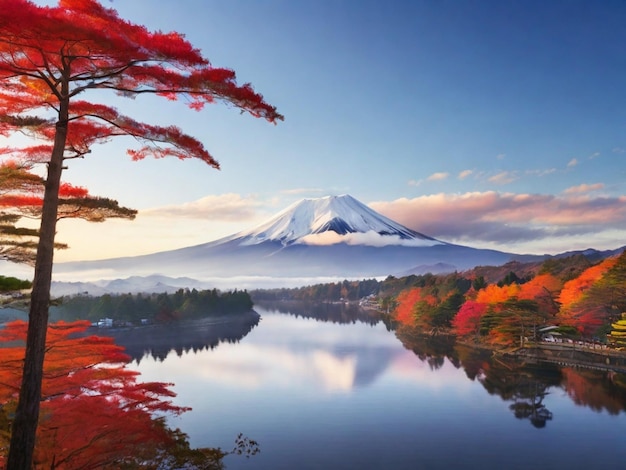 a picture of a mountain with a lake and trees in the background