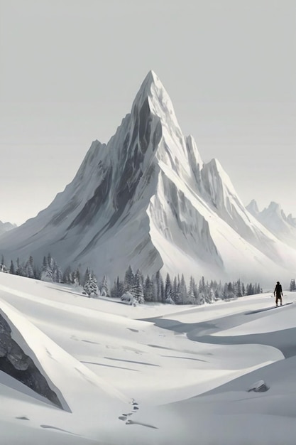 a picture of a mountain with a man walking in the snow