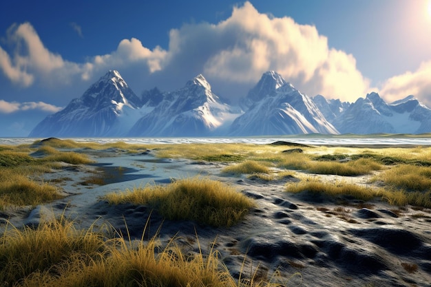 a picture of a mountain with snow on the top and a blue sky with clouds