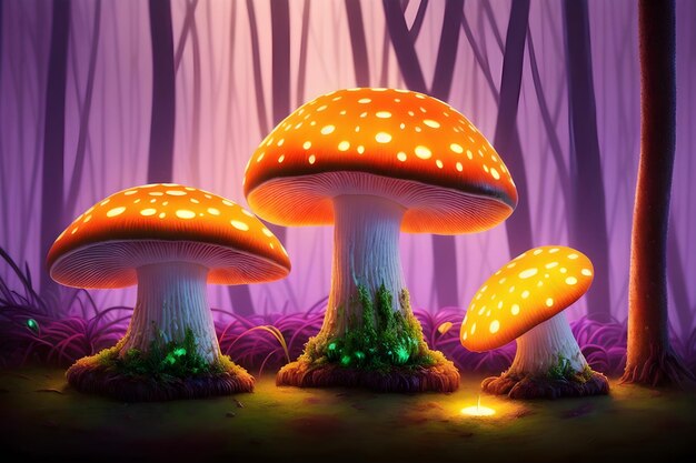 A picture of mushrooms in a forest with a purple background.