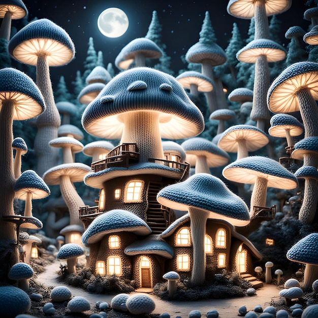 a picture of mushrooms and a house with a moon in the background