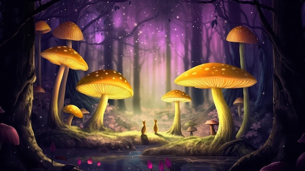 A picture of mushrooms in a purple forest