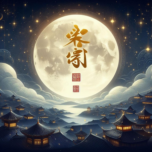 a picture of a night scene with a full moon and a building with a sign that says quot chinese charac